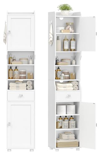 HEXCELEN Mobile da Bagno, Mobile da Bagnos Alto con 2 Ante e 1 Cassetto, Ripiano Regolabile, Scomparti Aperti, Mobiletto Bagnos Salvaspazio, per Bagno Soggiorno Camera da Letto 28 x 38 x 180 cm Bianco