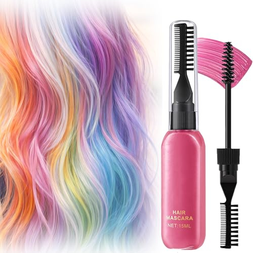 Pink Hair Mascara 15ml - Washable Temporary Hair Colour Cream for Women, Quick-Drying Brush-On Paint Stick for Daily Styling, Cosplay, Festivals, Parties and Themed Events