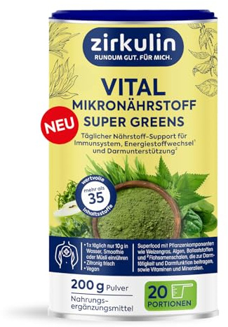 Zirkulin Vital Mikronährstoff Super Greens 200g – Superfood mit Spirulina, Weizengras & Chlorella - unterstützt das Immunsystem – 35 Inhaltstoffe für Energiestoffwechsel & Darmgesundheit 20 Portionen