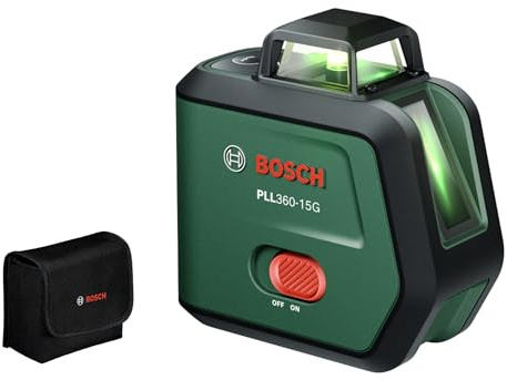 Bosch Linienlaser PLL360-15G, im Karton | horizontale und vertikale grüne 360°-Laserlinien, IP54, integrierter 3,6V-Li-Ionen-Akku, Laden über USB-C®, Tasche, Handbuch