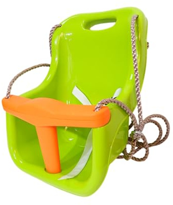 Babyschaukel mit Sicherheitsbügel & Gurt, höhenverstellbar, stabile PE Kunststoff Schaukel für Baby & Kleinkind bis 25 kg, wetterfest, inkl. Seil 2 m & Stahlring, grün orange