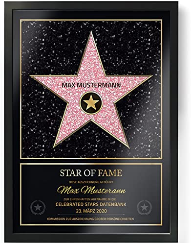 Goods & Gadgets GmbH Persönlicher Hollywood Stern Walk of Fame Stil - Star of Fame Urkunde mit Name und Holzrahmen Personalisiert mit Namen und Datum Wanddeko mit Bilderrahmen (DIN A3-30 x 42 cm)