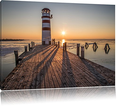 Pixxprint Leuchtturm am Steg im Sonnenuntergang, Größe: 60x40cm, Leinwandbild, fertig gespannt, Wandbild, Dekoration, Kunstdruck, kein Poster