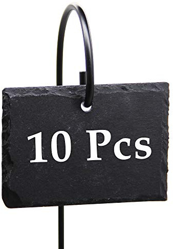 FORUP Plant Labels, 10pcs Garden Markers Signs Labels, Weatherproof Reusable Natural Slate Hanging Tags on Stainless Steel Metal Rod for Flower Bed, Pots, Planters