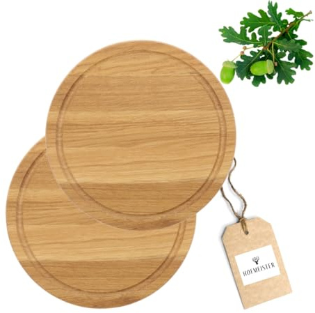 2X HOFMEISTER® Schneidebrett aus Eichen-Holz, rund 25 cm, kleines Tranchierbrett mit Saftrille, robuste Schneide-Unterlage aus Europa, einfaches Schneiden auf einem Profi-Hackbrett