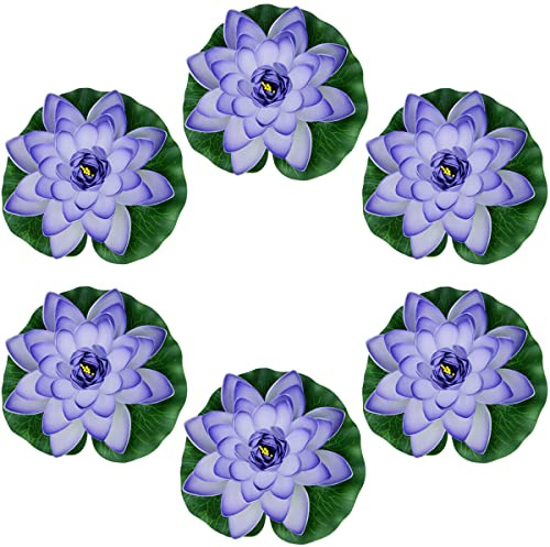 Famgee 7 Inches Artificial Lifelike Floating Foam Lotus Flower Water Lily for Garden Pond Decor, Set of 6 (Purple)