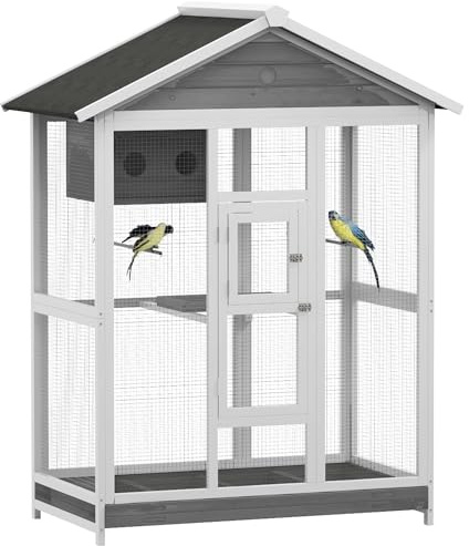 PawHut 64.5 Wooden Bird Cage Aviary, Flight Cage with 4 Perches, Nest and Slide-Out Tray for Indoor/Outdoor, Gray