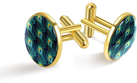 Personalisierte Gold Manschettenknöpfe für Smoking Hemd Grün Pfau Feder Muster, 20mm*20mm, Edelstahl, Künstlicher Quarz