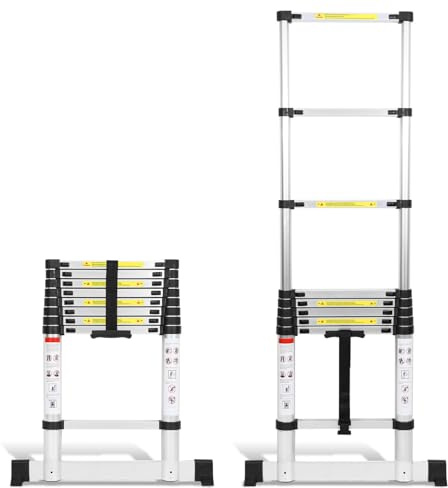 Tubiaz 2.6M Teleskopleiter 2 Abnehmbarem Haken,Rutschfester Mehrzweckleiter,Mehrstufiger Sicherheitsschalter Leiter,Aluminium Teleskop Ausziehleiter,Max Belastung 150 kg,Silber 2 Abnehmbarem Haken
