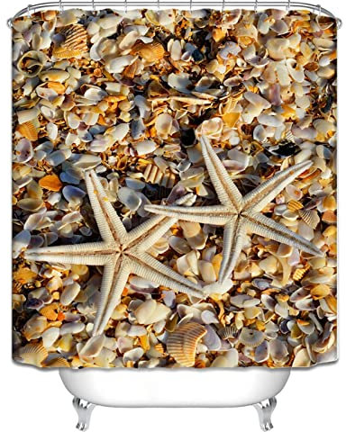 Duschvorhang Kurze Länge Duschrollo Zum Klemmen Zwei Seesterne Duschvorhang Integrierte Ringe Badewanne Vorhang Set Polyester Rostfreie Ösen Und 12 Hakenringe, 120X180Cm