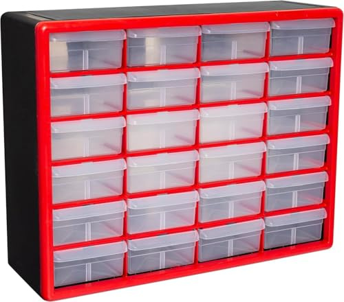 Akro-Mils 10124 24-Drawer Plastic Drawer Storage Cabinet for Garage Organization, Teacher Toolbox, Makeup Organizer, and More, 50,8 cm W x 16 cm D x 40,6 cm H, Red