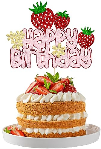 1 paquete de decoración para tarta de cumpleaños con purpurina para decoración de tartas de fresa temática de frutas, baby shower, fiesta de cumpleaños de niños, suministros de decoración de pasteles