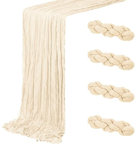 4 Pack Ivory Cheesecloth Table Runner 20 x 120 inch Gauze Table Runners 10 FT Long,Semi Sheer Cheese Cloth Fabric Table Runner Bulk for Wedding,Party,Baby Shower,Bridal Shower Decoration