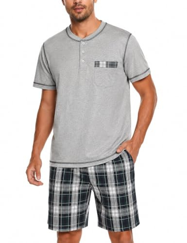 Litherday Pyjama Homme Ete Coton Ensembles de Pyjamas à Manche Court | Vêtements de Nuit Courte à Carreaux Respirant Confortable Doux Deux Pièces