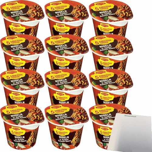 usy Bundle für Maggi 5 Minuten Terrine Nudeln in dunkler Gulasch-Sauce 12er Pack (12x60g Becher) + usy Block