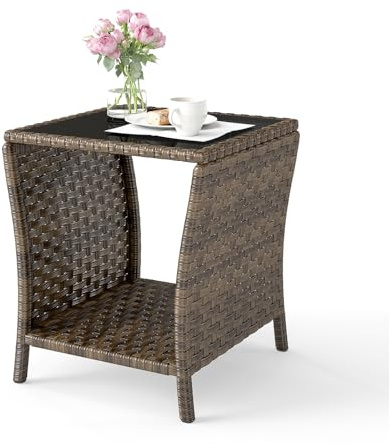 Elepude Outdoor Wicker Side Table Rattan Side Tables End Table for Patio with Glass Top Rattan Storage for Patio Garden Balcony