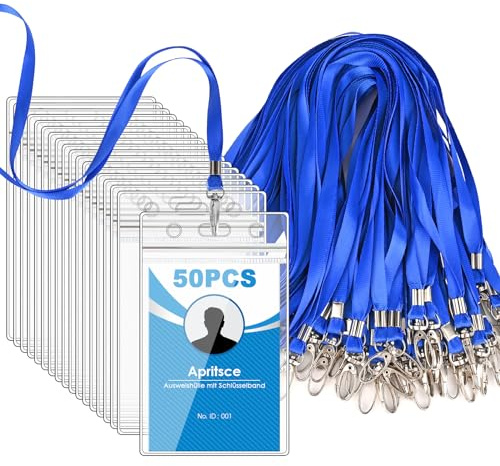 Ausweishülle Mit Band, Apritsce 50 Stück Vertikaler Kartenhalter Mit Schlüsselband, Wasserdichte Transparenter Ausweishülle, Schlüsselband Mit Kartenhalter Für Business, Ausstellung Und Büro (Blau)