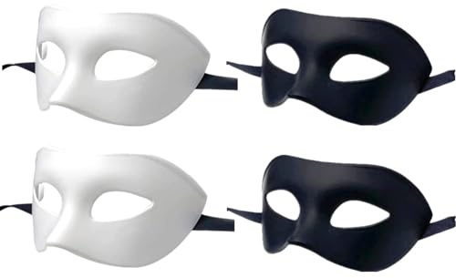 LECMACY Masque de bal masqué pour homme et femme, demi-masque en plastique souple et élastique, couleur unie, convient à tous les bals de fin d'année (2 blancs + 2 noirs)