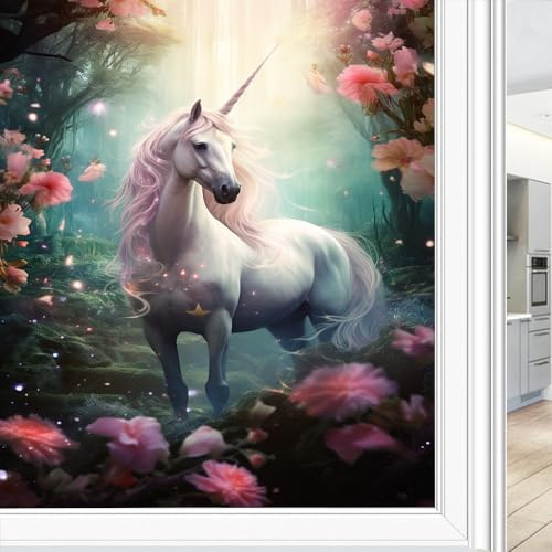 Bunte Einhorn-Fenster-Sichtschutzfolie, Cartoon-Waldtiere, schöne Blumen, Buntglas-Fensterfolie, dekorative Fensterfolie für Fenster und Glastür, Sonnenblockierung, 60 x 90 cm