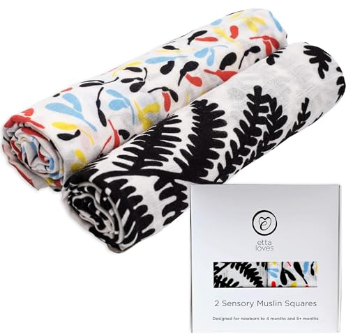 Etta Loves Sensory Musselintücher mit Pflanzendruck, 2 Stück, schwarze und weiße Mullwindeln, Baby-Essentials für Neugeborene bis 12 Monate alte Babys für kognitives Wachstum