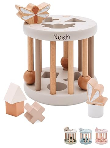 wunderwunsch® - Personalisiertes Formen-Sortier-Rad aus Holz - Montessori Würfel - Baby Motorikspielzeug ab 1 Jahr - Baby Spielzeug 1 Jahr (Nougat, ohne Name)