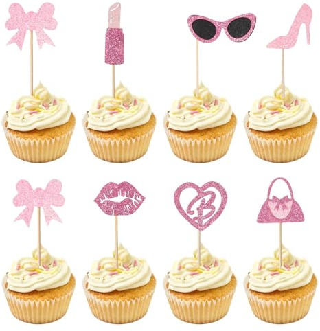 Maxqzin 24 PCS Hot Pink Cupcake Toppers Glitter Princess Cupcakes Topper, Girl Birthday Theme Cupcake Picks with Heart, Bow, Lip, Handbag, Lipstick, Glasses, High Heel, for Wedding Shower Supplies