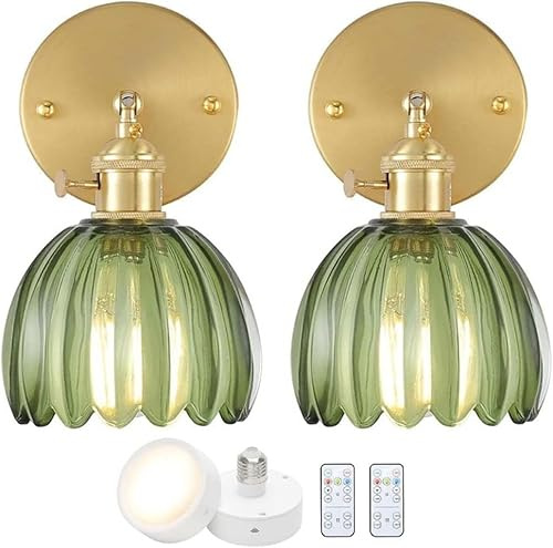 AoLa Wandleuchte Ohne Stromanschluss Gold, Kabellos Wandlampe Dimmbar mit Fernbedienung Vintage Verstellbar Nachttischlampe mit Schalter lnnen Retro Lampe mit Grün Glas Lampenschirm, 2 Stück