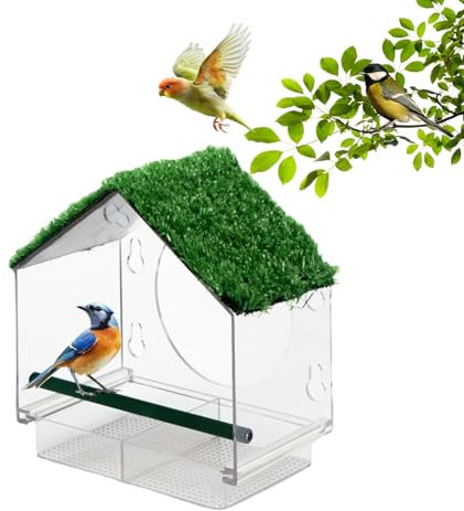 Window Bird Feeder, DIY Clear Bird Feeder with Lawn on Top, with Extra Strong Suction Cups and Removable Seed Tray with Drainage Holes for Garden or Yard Decor, Elderly Kids Viewing,Bird Watching Gift