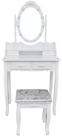 Aileenstore Schminktisch Weiß mit Hocker, Landhaus, mit dimmbarer LED-Beleuchtung, Touch Button, Kosmetiktisch, 4 Schubladen, Spiegel (Weiß)