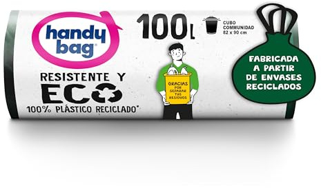 Handy Bag Bolsas de Basura Resistente y Eco, 100% Reciclado, Antigoteo, Autocierre, 100L, 8 Bolsas, 1 paquete