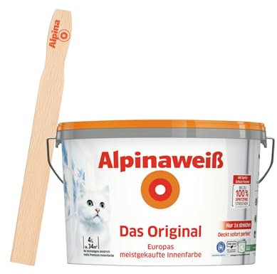 Alpinaweiß Das Original – optimal deckende und ergiebige weiße Wandfarbe – mit Spritz-Schutz-Formel – mit Rührholz (4 Liter)
