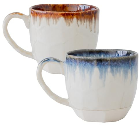 Asayu Japan Drip Blue & Brown Ceramic Cup Set – Handmade Japanese Mugs with Glazed Rim Effect (Set of 2)