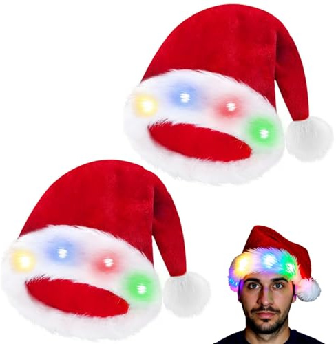 JEONDFG 2 Stück LED Leuchtende Weihnachtsmütze,Nikolausmütze mit Leuchtendem,LED Weihnachtsmütze Erwachsene,Mütze für Weihnachtsfeier mit Licht,Lichter Nikolausmütze Rot,für Weihnachten Neujahr(2big)