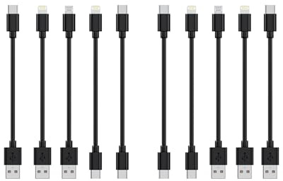[20CM, 10-Pack] Multi Short USB Charging Cables, Fast Charge & Sync Type-C/Lightn-ing/Micro Cords Bulk for Charging Station Compatible with iPhone16&15, iPhone5-14, iPads, Mobiles, Tablets - Black