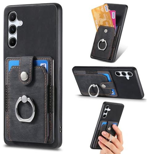 Knoowcase for Samsung S25 FE Case Samsung Galaxy S25 FE Phone Case Wallet Shockproof Bumper with Ring Holder Card Slots PU Leather Anit-Fall Anti-Drop Kickstand Back Cover, Black