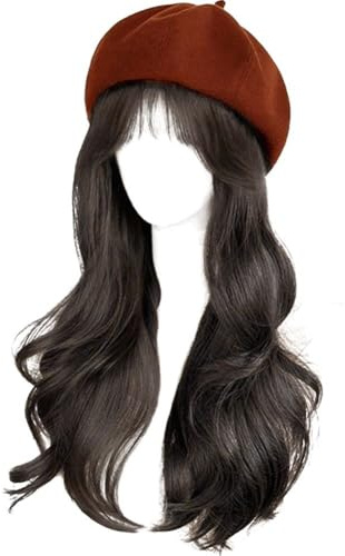 Lpitoy Berets Hat with Hair Extensions Classic French Painter Berets Cap Attached Long Curly Wavy Hair Synthetic Hairpiece Wig Hat for Women