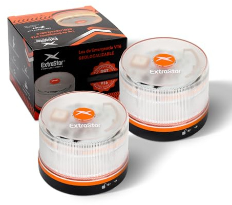 EXTRASTAR Luz de Emergencia V16 Homologada DGT con Geolocalización 3.0 - Aviso Ubicación Coches, Plan de Datos Incluido - Base Imantada IP54 - Cumple Normativa 2026，Pack 2 Unidades