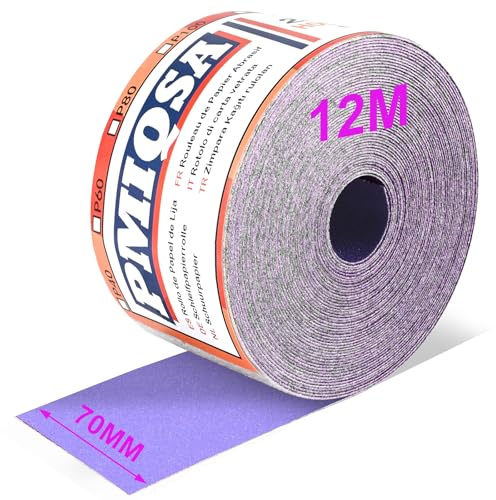 PMIQSA 12m Sandpaper Roll 320 Grit Hook and Loop Sanding Paper | Paper for Sanding Wood Paint Plaster Filler Metal and More 70mm Wide Sandpaper Compatible with Machine Sanders & Hand Sanders