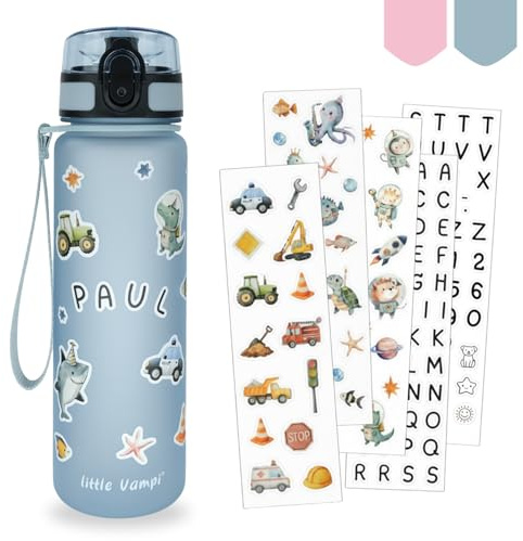 Little Vampi Trinkflasche Kinder Kohlensäure geeignet (500ml) – Auslaufsichere Kindertrinkflasche für Schule, Kita & Sport – BPA-frei & Spülmaschinenfest – Personalisiertes Geschenk mit Sticker-Set