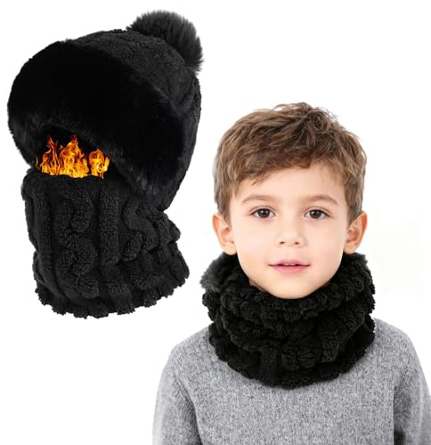 TAGVO Barn 3-i-1 stickad mössa och halsduk vinter, termisk vindtät balaklava, heltäckande skidmask, snöhuva, pom-pom hatt med halsvärmare, hatt för kallt väder för pojkar flickor utomhusaktiviteter