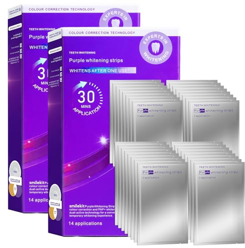 Purple Teeth Whitening Strips 28 Treatments,Enamel Safe Whitening Strips for Sensitive Teeth, Safe Non-Slip Tooth Whitener Strip for Colour Correcting Stain Remover