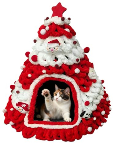 Katzenbett mit Weihnachtsbaum – Katzenbett aus Strick, 60 x 50 x 50 cm, warme Wolle, halbgeschlossener Filz | kegelförmiges Haustierhaus für Herbst und Winter