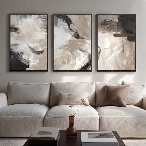 Lmovutcom Großformatige, abstrakte Wandbilder in neutralen Farben für Wohnzimmer, 3-teiliges modernes Leinwandbild, Bilder in Schwarz, Beige und Braun für Flur, Schlafzimmer und Büro, ungerahmt