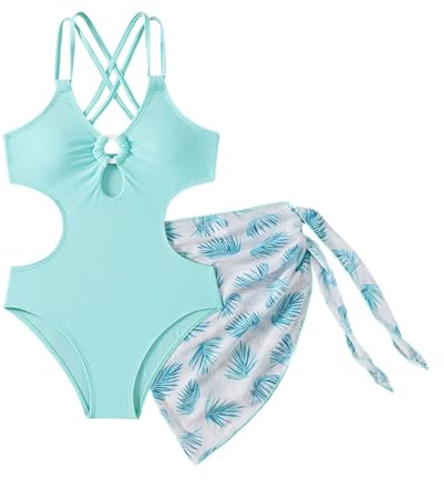 Bañador Niña 5-14 Años Natacion Una Pieza Bañadores Adolescente Chica Cuello V Cut out Sólido Traje de Baño Piscina Tirantes Trikini con Falda Deportivo Playa Vacaciones Swimwear (Azul, 11-12 años)