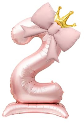 Ballons Geburtstag, Folienballon Zahl 2 Rosa mit Krone & Schleife, 81 cm Selbststehender Ballon zum 2. Geburtstag Mädchen, Premium Geburtstagsdeko Set für Zweijähriges Jubiläum & Kindergeburtstag