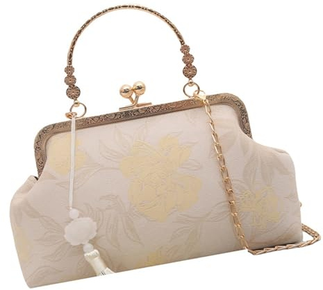 Delicada cadena de estilo chino, bolsa de noche con costuras intrincadas, artesanía a la moda, práctica bolsa de hombro suave, bordado tradicional, White