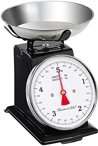 Rosenstein & Söhne Básculas digitales - Equipo cocina: Analógico Báscula de cocina retro, hasta 5 kg, Función Tara, carcasa de metal negro (Retro Libra, Mecánico Libra, Escalas letras)