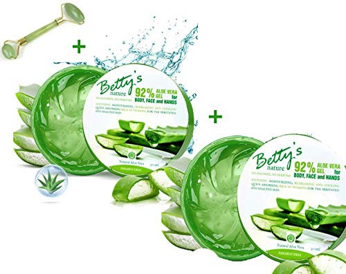 Set di 300 ml x 2 Gel Aloe Vera Gel Naturale Senza Parabeni, Senza Profumo, Senza Alcol, Gel Idratante, Lenitivo Naturale + Un Rullo per Massaggio Viso Corpo in Pietra Giada