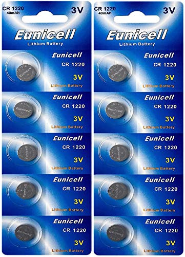 Eunicell CR1220 3V Lithium Knopfzellen – 40 mAh – 10 Stück (2 Blister à 5) im Folienbeutel – langlebige Batterien für Autoschlüssel, Uhren & Elektronikgeräte