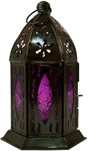 Orientalische Metall/Glas Laterne, marrokanisches Design, Windlicht | Filigrane Metallarbeit, farbiges Glas, ideal für Teelicht oder batteriebetriebene Leuchte, 5 Farben erhältlich.